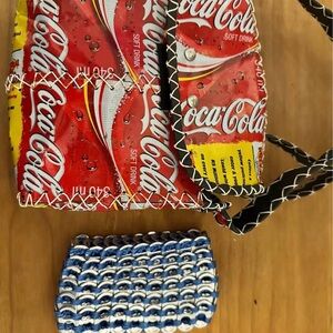 Coca-Cola Red and Yellow Upcycled Bag with Blue Coin Purse